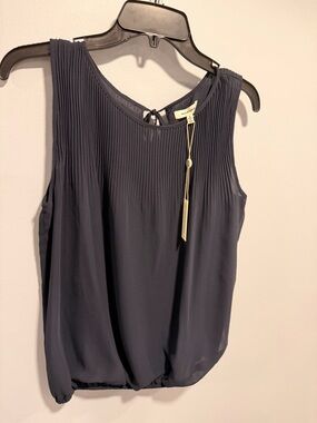 Anne Klein Navy Pleated Yoke Sleeveless Blouse